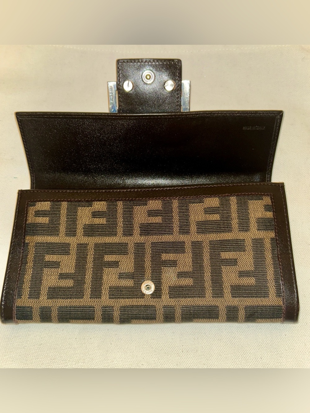 Fendi Brown and Black FF Logo Canvas Clutch with Silver F Buckle - Picture 8 of 10